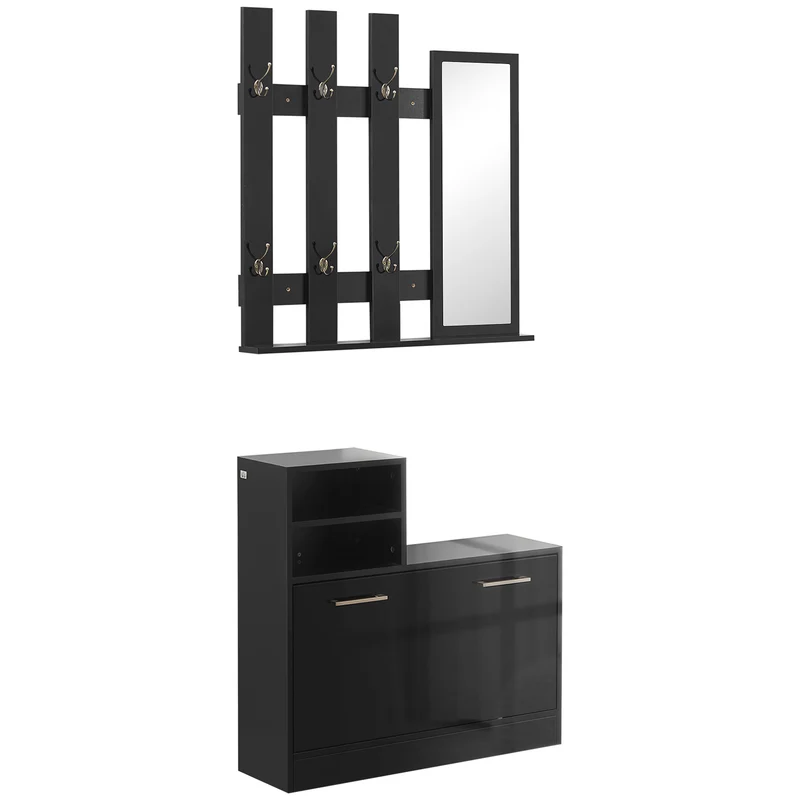 Easycomfort Flur-Kleiderbügel-Set mit Spiegel und Schuhregal für 8 Paar Schuhe, schwarz glänzend