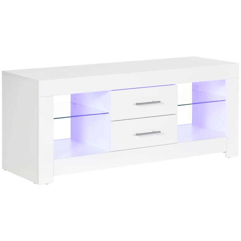 Easycomfort TV-Ständer 55" Mit 12-farbiger LED-Beleuchtung und Fernbedienung, Holz und Glas, 120 x 40 x 50 cm, Weiß