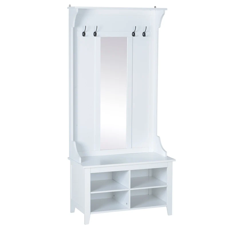Easycomfort Boden-Kleiderbügel mit Spiegel, Schuhregal, 4 Holzhaken, 80 x 40 x 170 cm, Weiß