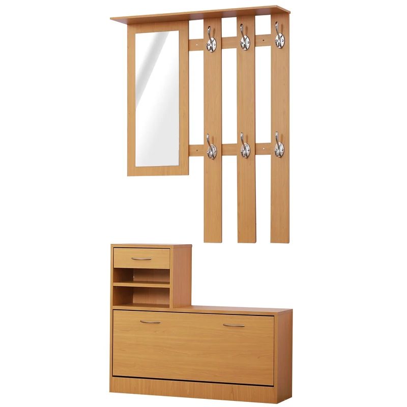 Easycomfort Modernes Eingangsmöbel-Set mit Schuhregal und Spiegel, Eingangsgarderobe mit 6 Haken, 2 verstellbaren Regalen und Holzschubladen für den Flur, 90 x 24 x 177 cm, Holz