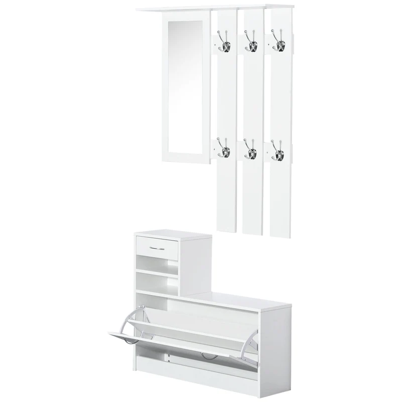 Easycomfort Modernes Eingangsmöbel-Set mit Schuhregal und Spiegel, Eingangsgarderobe mit 6 Haken, 2 verstellbaren Regalen und Holzschubladen für den Flur, 90 x 24 x 177 cm, Weiß