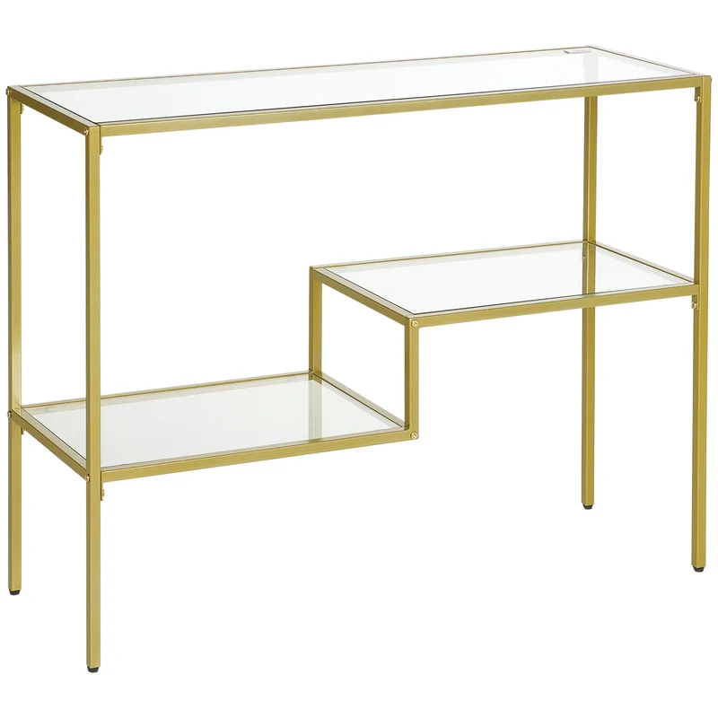 Easycomfort Eingangskonsole mit 3 Regalen aus Stahl und gehärtetem Glas, 100 x 32 x 76 cm, Gold