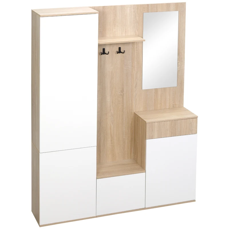 Easycomfort 4-in-1-Eingangsmöbel aus Spanplatte mit Spiegel, Haken und verstellbaren Innenregalen, 145 x 29 x 184 cm
