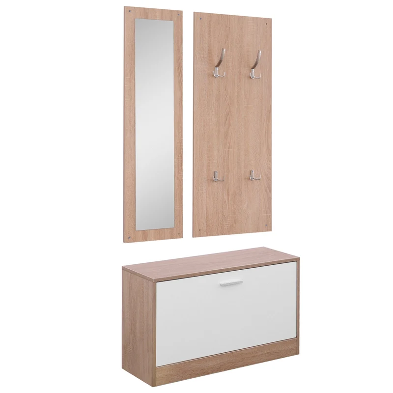 Easycomfort Eingangsmöbel-Set aus Holz, 3-teilig, mit Schuhregal, Kleiderbügel und Spiegel, 80 x 27 x 46,5 cm – Holzfarbe