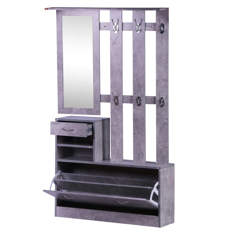 Easycomfort Modernes Eingangsmöbel-Set mit Schuhregal und Spiegel, Kleiderbügel für den Eingangsbereich mit 6 Haken, 2 verstellbaren Regalen und Holzschubladen für den Flur, 90 x 24 x 177 cm, Zementgrau