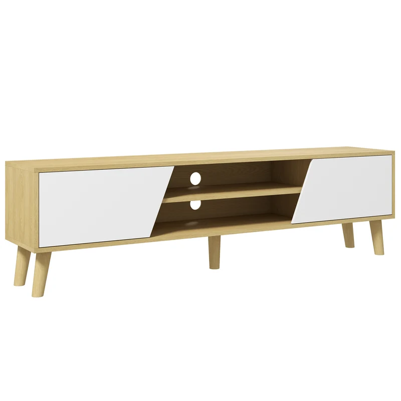 Easycomfort TV-Ständer bis zu 65" mit Schränken und offenen Regalen, 150 x 30 x 42 cm, Weiß und Holz