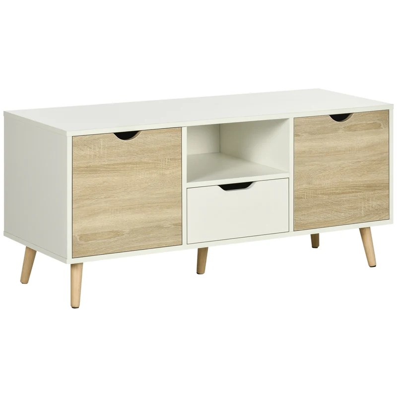 Easycomfort Moderner TV-Schrank max 50" Spanplattenmöbel mit Schubladen, offenen Regalen und Schränken, 110 x 40 x 50 cm, Weiß und Holzfarbe
