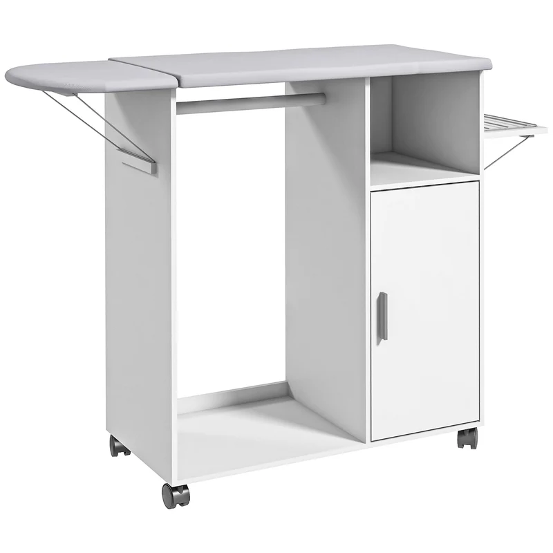 Mobiles Bügelbrett Easycomfort mit Ablage, 3 Würfelablagen und Führung, 107 x 42,5 x 99 cm, Weiß