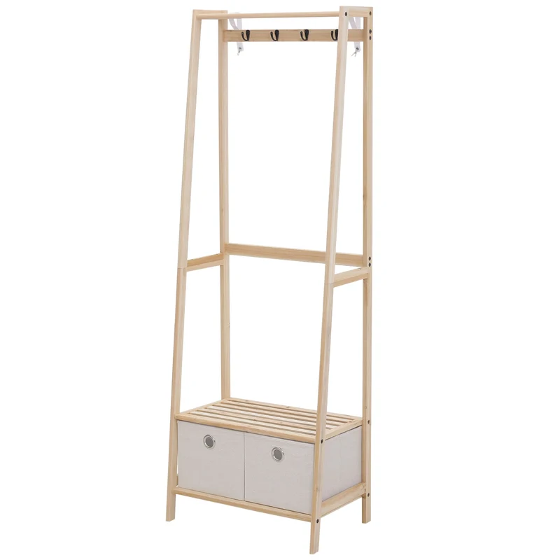 Easycomfort Garderobenständer aus Naturholz mit 4 Haken, 3 Regalen und 2 Stoffschubladen, 58 x 36 x 168 cm