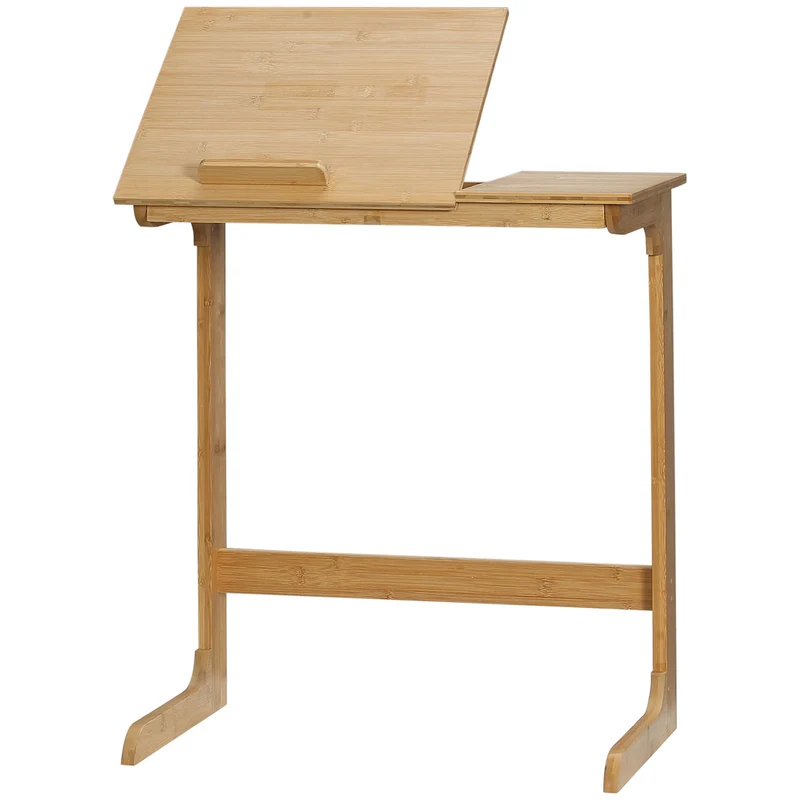 Easycomfort C-förmiger Sofatisch aus Bambusholz mit neigbarer Platte auf 5 Ebenen, 60 x 33 x 67 cm