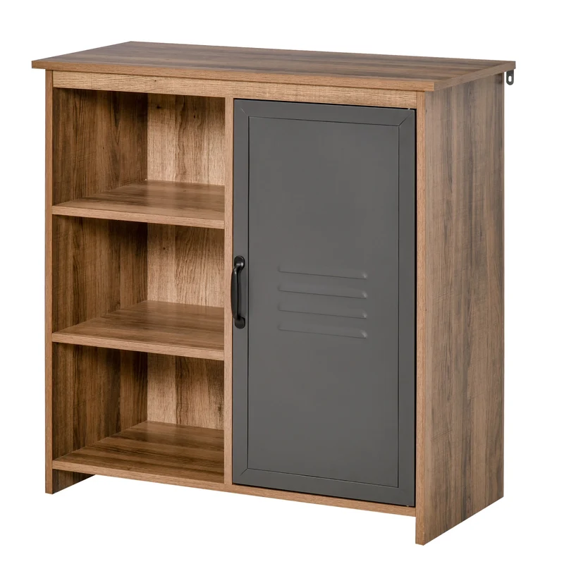 Easycomfort Mehrzweckschrank mit Regalen und Holzschrank mit Metalltür, Möbel für Wohnzimmer und Küche, 80 x 35 x 82 cm, Braungrau