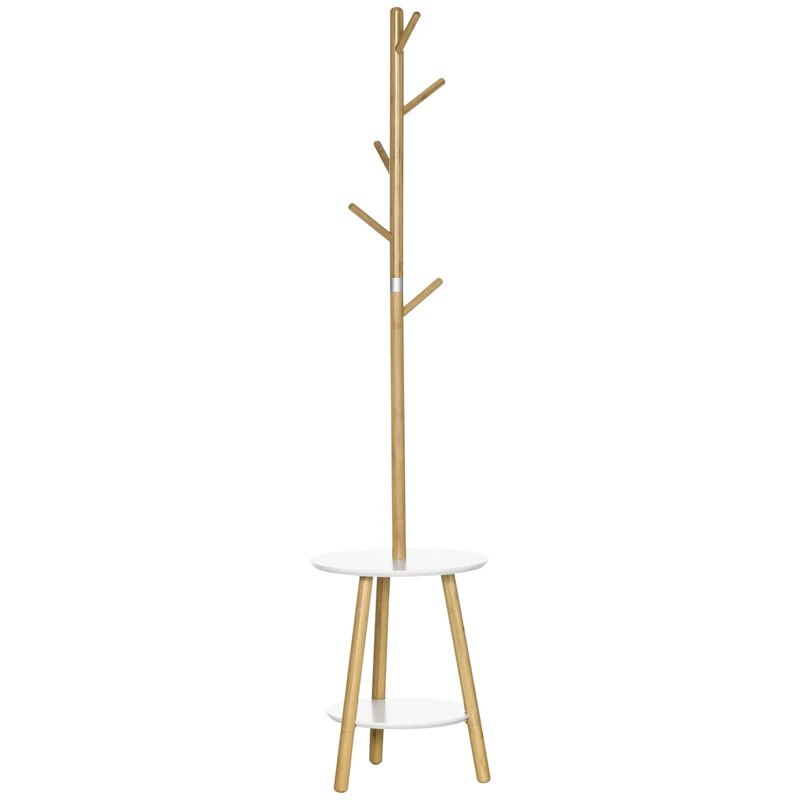 Easycomfort Bodengarderobe für den Eingangsbereich aus MDF und Aluminium mit 5 Bambushaken und rundem Tisch, 39,5 x 39,5 x 171 cm