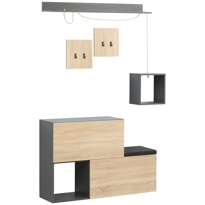 EasyComfort Eingangsmöbel-Set mit Kleiderbügel, Schuhregal mit Bank und Regal, Grau und Natur