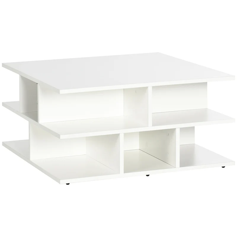 EASYCOMFORT Tavolino Basso da Salotto a 2 Livelli in Truciolato con Ripiani Aperti, 70x70x36.5 cm, Bianco