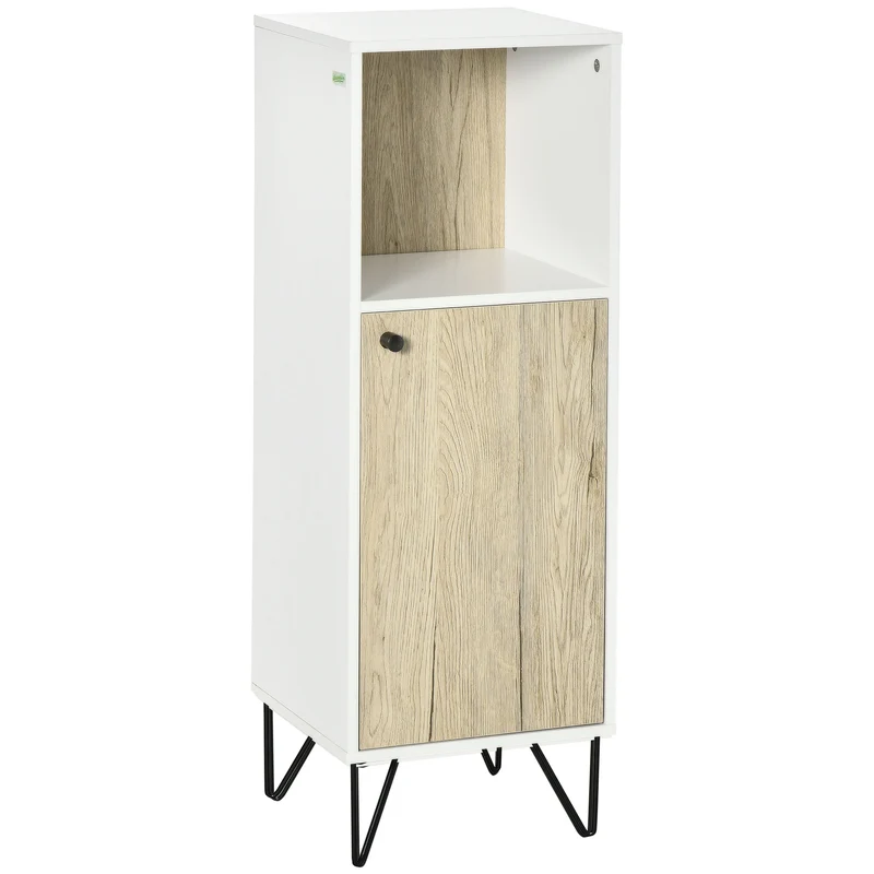 Easycomfort Mobile Bagno con Ripiano Aperto e Armadietto con Anta in Legno, 31.5x30x91cm, Quercia e Bianco