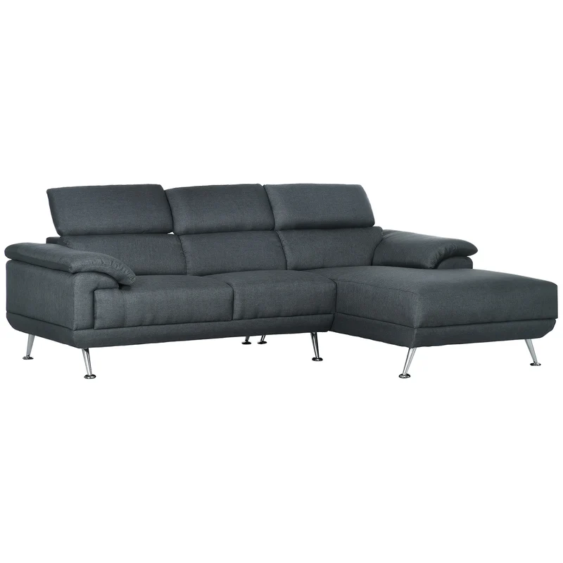 Easycomfort Divano Angolare 3 Posti in Tessuto con Poggiatesta Regolabili, 249.5x162.5x95cm, Grigio Scuro