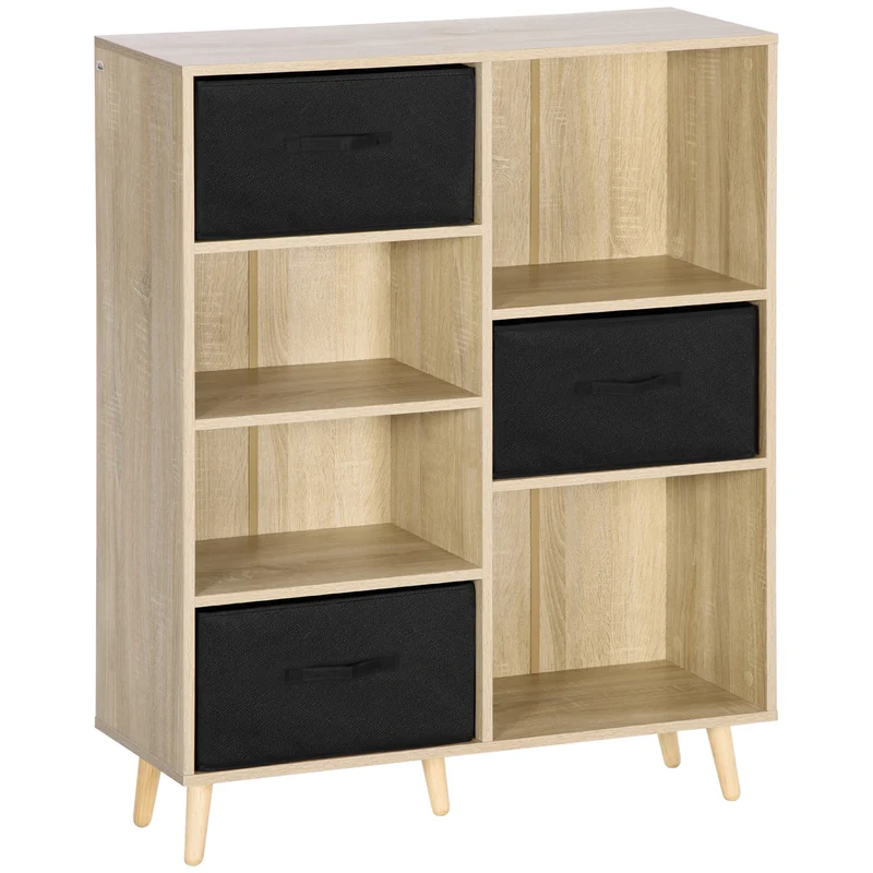 EASYCOMFORT Libreria Scaffale a 7 Vani con 3 Cassetti Rimovibili e Pieghevoli, 90x30x102.5cm, Legno