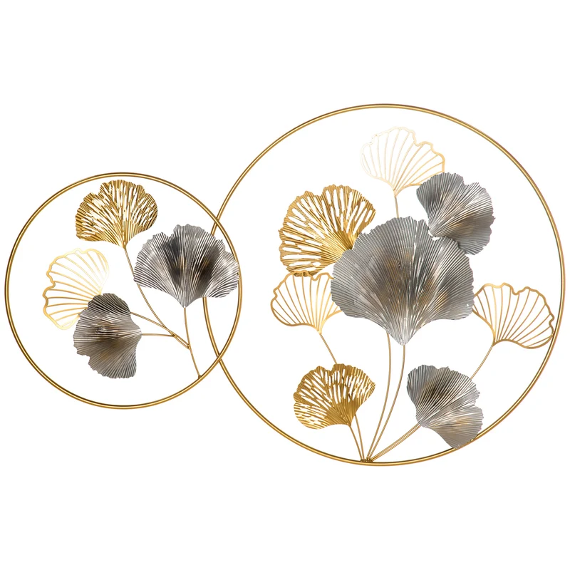 Easycomfort Decorazione Murale 3D in Metallo, Wall Art Dorata con Ginkgo in due Cornici Rotonde, 138x70 cm, Oro e Argento