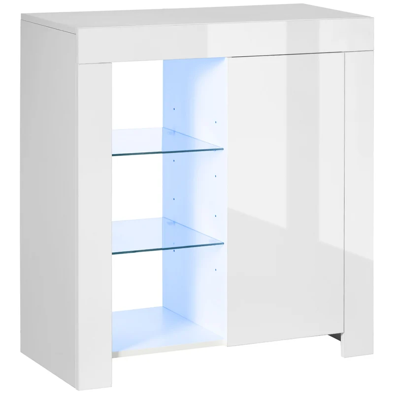 EASYCOMFORT Mobiletto da Salotto Bianco in Truciolato e Metallo con Luci LED Blu, 3 Ripiani Aperti e Armadietto, 75x35x82 cm