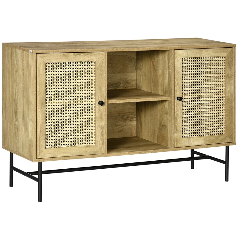 EASYCOMFORT Mobiletto Basso in Rattan per Ingresso e Soggiorno con 2 Armadietti e Ripiano Aperto a 2 Livelli, 120x38x76.2 cm