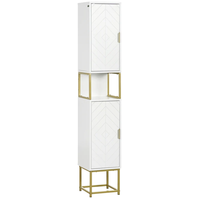 EASYCOMFORT Colonna Bagno con 2 Armadietti e Ripiano in MDF e Acciaio, 30x30x170.7cm, Bianco e Oro