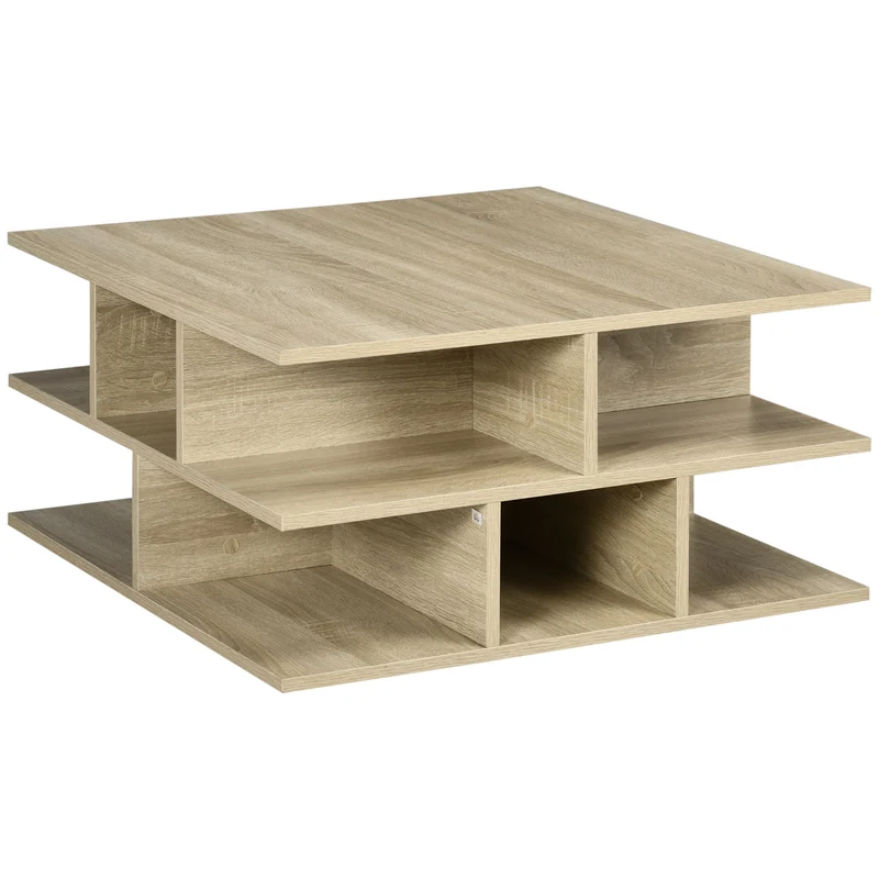 EASYCOMFORT Tavolino Basso da Salotto a 2 Livelli in Truciolato con Ripiani Aperti, 70x70x36.5 cm, color Legno
