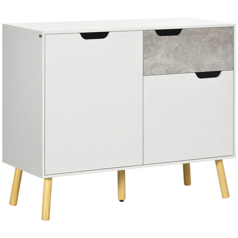 Easycomfort Wohnzimmerschrank mit 2 Schränken mit 2 Türen und Schublade aus Spanplatte und Kiefer, 98 x 39 x 81,5 cm, Grau und Weiß