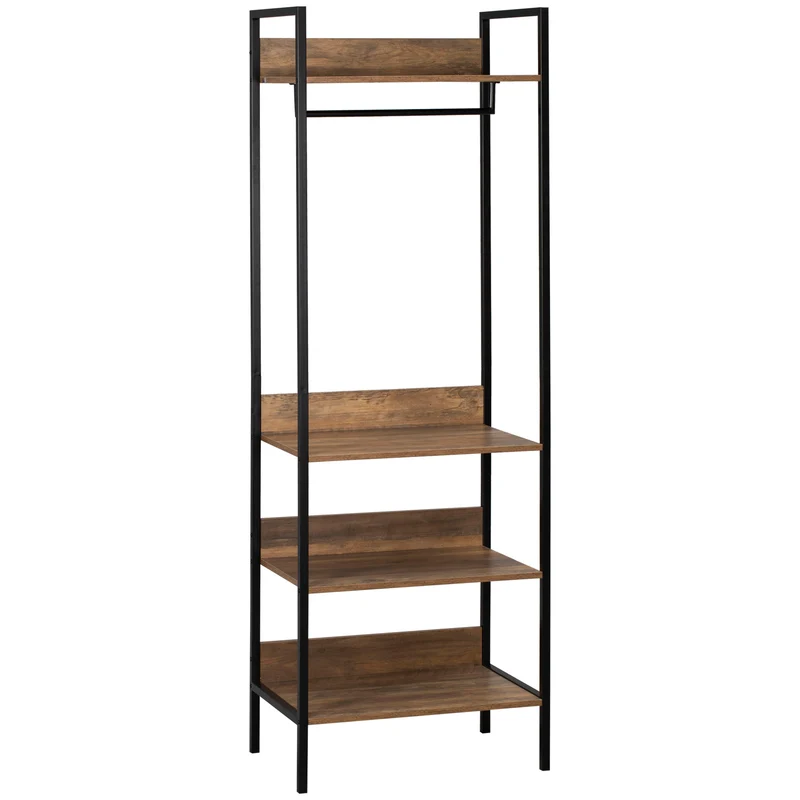Easycomfort Bodengarderobe mit 1 Stange und 4 offenen Regalen aus Spanplatte und Stahl, 60 x 40 x 180 cm, Braun