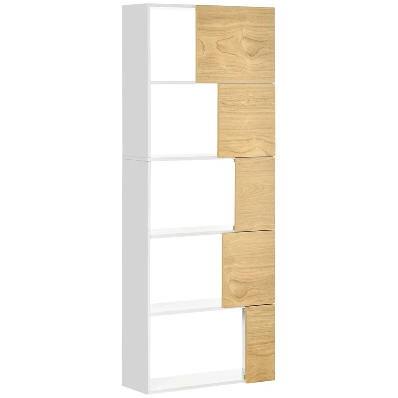 Modernes Easycomfort-Bücherregal mit asymmetrischen Regalen und Soft-Close-Türen, 63 x 22 x 166 cm, Weiß und Natur