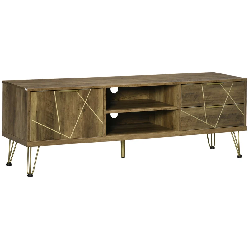 Easycomfort TV-Ständer 55" mit Schrank und Schubladen aus Holz und Stahl, 150 x 39 x 50,8 cm, Holz und Gold