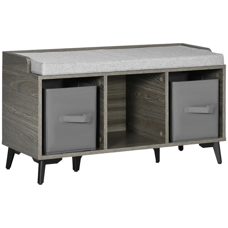 Mobiles Easycomfort-Schuhregal für den Eingangsbereich aus Spanplatte und Metall mit 3 offenen Regalen, 2 Schubladen und gepolstertem Sitz, 90 x 34 x 48 cm, Grau