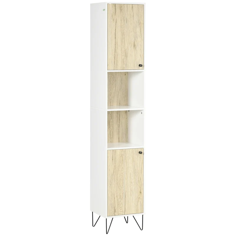 EASYCOMFORT Colonna Bagno con 2 Ripiani Aperti e 2 Armadietti in Truciolato, 30x31.5x169 cm, Bianco e color Legno