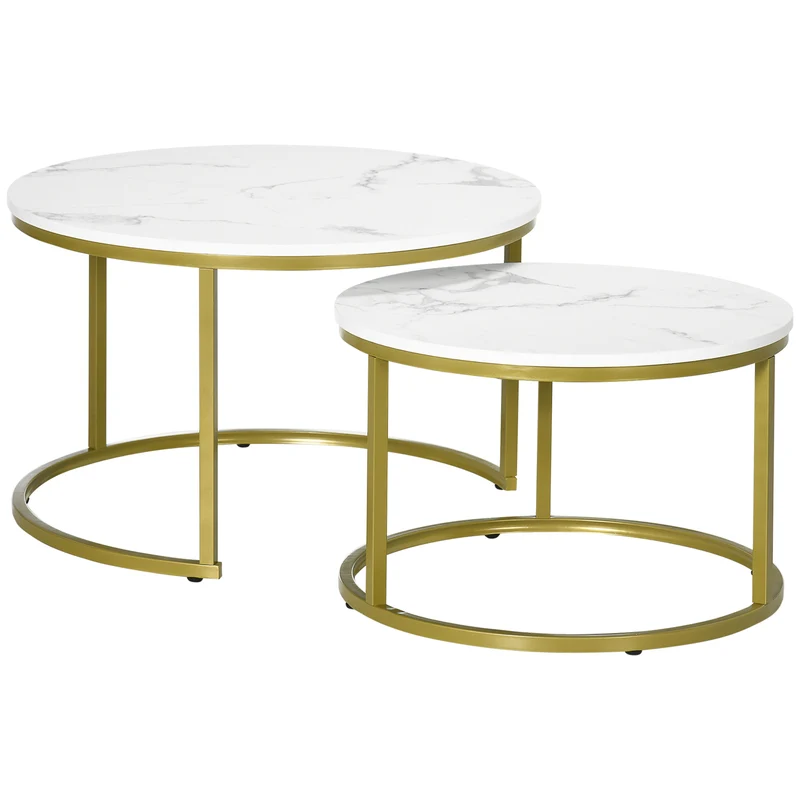 Easycomfort Set 2 Tavolini da Salotto Rotondi e Impilabili in Acciaio e Truciolato, Ø74x46.3 cm e Ø59x38.5 cm, Bianco e Oro