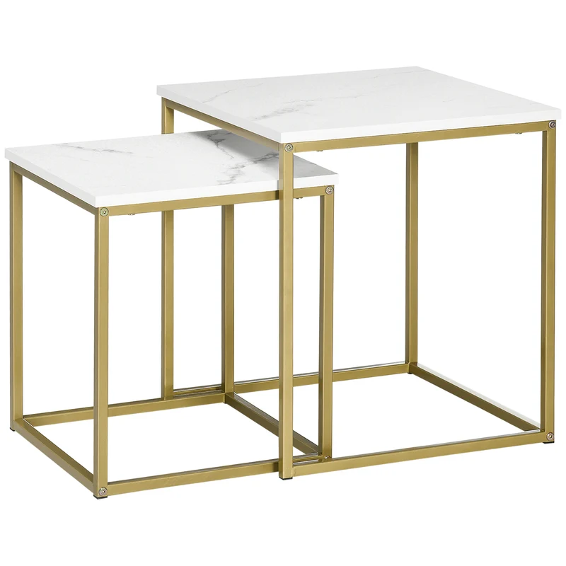 EasyComfort Couchtisch-Set aus 2 stapelbaren Teilen mit Spanplattenplatte und Stahlgestell, Weiß und Gold