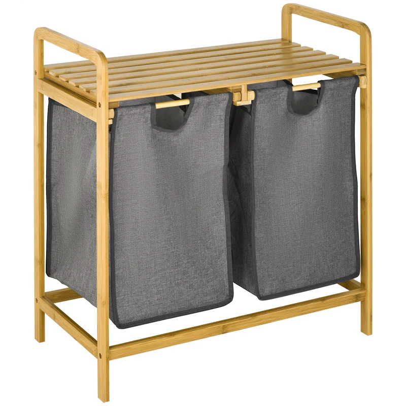 Easycomfort Wäschekorb aus Bambusholz mit herausnehmbarem Doppelkorb und Lattenrost, 63,5 x 33 x 73 cm, Grau