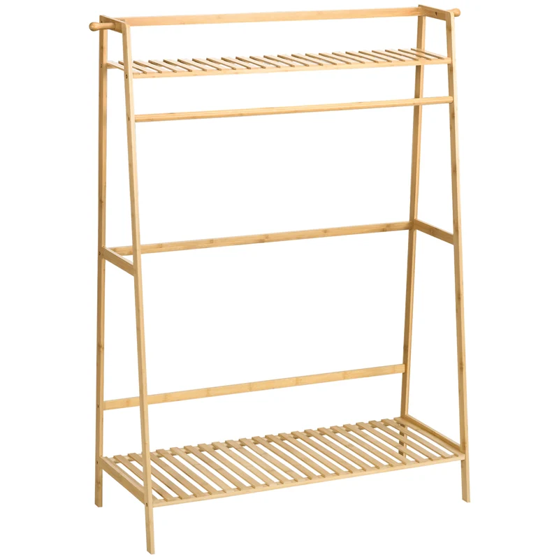 Easycomfort Bambus-Kleiderbügel, 2-stufiges, erhöhtes Design mit Stange und 2 Haken, 114 x 40 x 139 cm