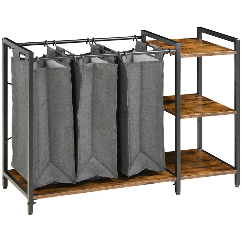 EASYCOMFORT Mobile Portabiancheria in Stile Industriale con 3 Sacchi in Tessuto e 3 Ripiani, 106x40x75cm