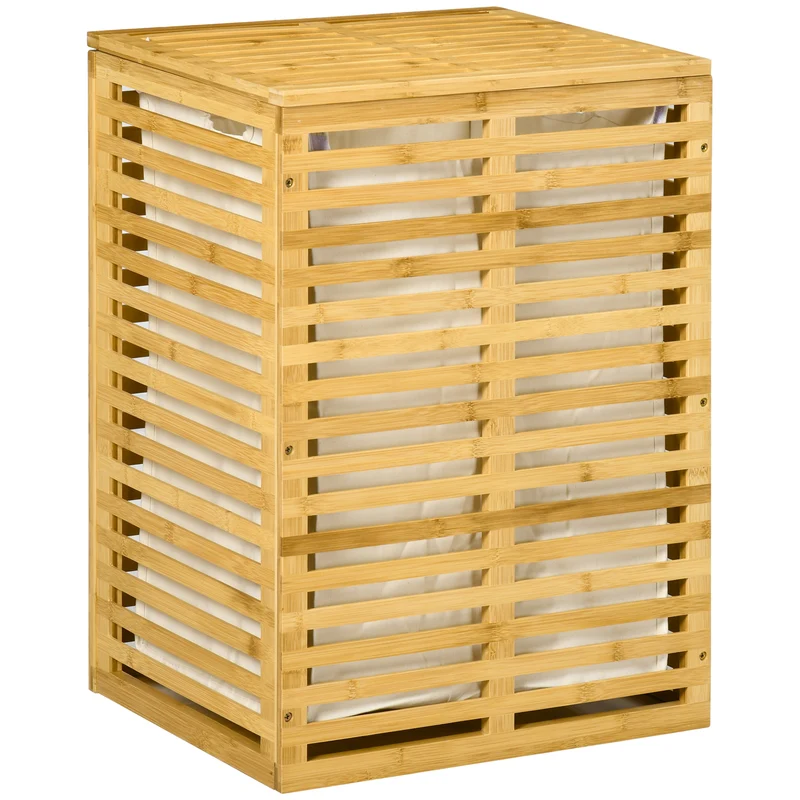 Easycomfort Cesto Portabiancheria in Bambù con Coperchio e Sacca in Poliestere Removibile e Lavabile, 44x37x62.5 cm, color Legno