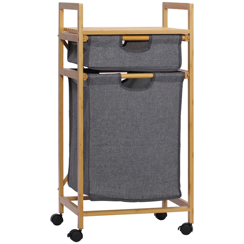 EASYCOMFORT Cesto Portabiancheria con 2 Scomparti e Ruote, Sacchi in Tessuto e Struttura in Bambù, 42x35x84.5cm