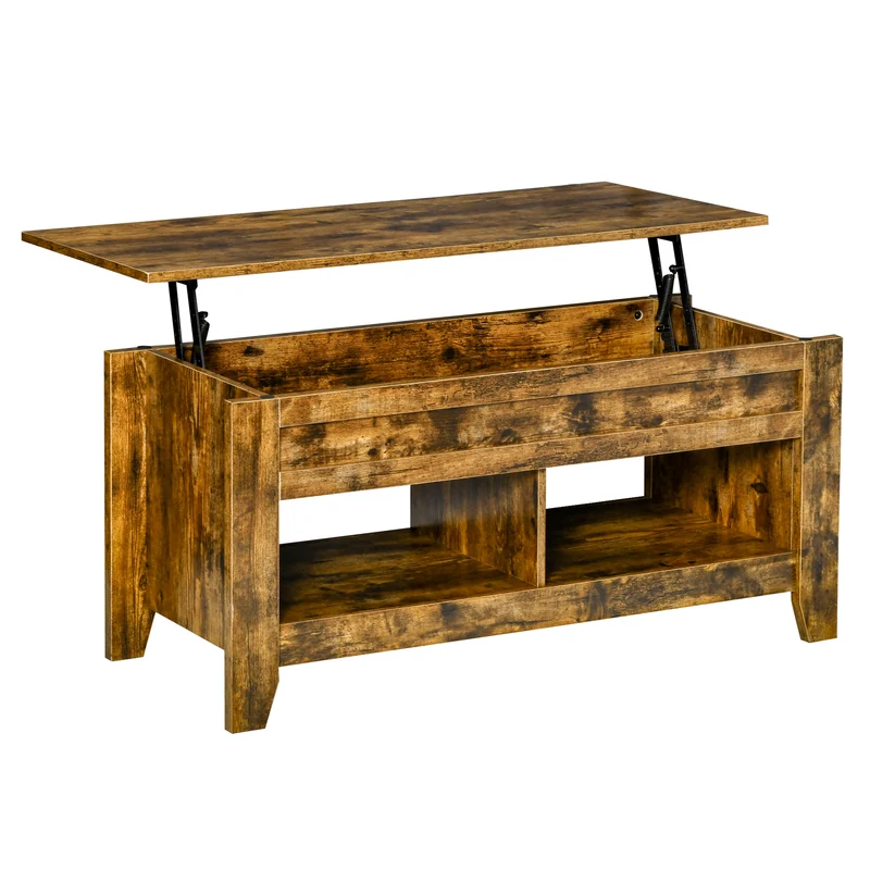 Easycomfort Couchtisch im Industriestil mit Ablagefach und hochklappbarer Holzplatte, 105 x 50 x 49 cm, rustikales Braun