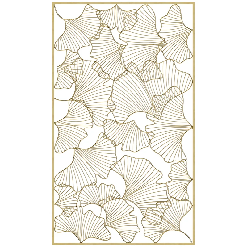 EASYCOMFORT Decorazione Murale 3D Rettangolare in Metallo, Wall Art Dorata con Cornice e Foglie di Ginkgo, 50x85cm