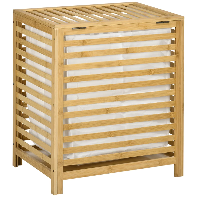 Easycomfort Cesto Portabiancheria a Doghe in Bambù e Tessuto con Coperchio e Sacca Rimovibile, 50x36x60 cm