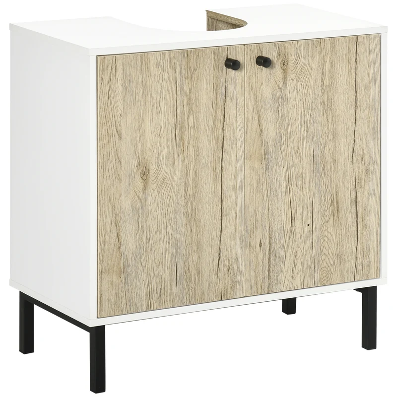 Easycomfort Mobile Bagno Sotto Lavabo a 2 Ante con Ripiano Interno in Truciolato e Acciaio, 60x30x60 cm, Bianco e Rovere