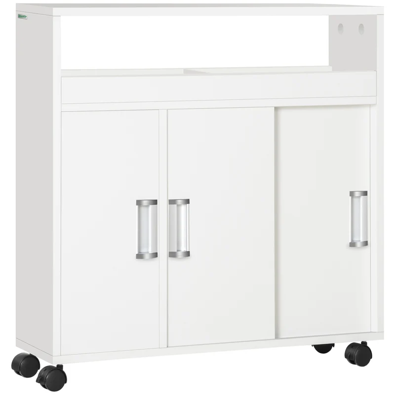 Easycomfort Mobiletto Bagno con Porte Scorrevoli, Ripiano Regolabile e 4 Ruote in Truciolato e Lega di Alluminio, 70x20x71cm