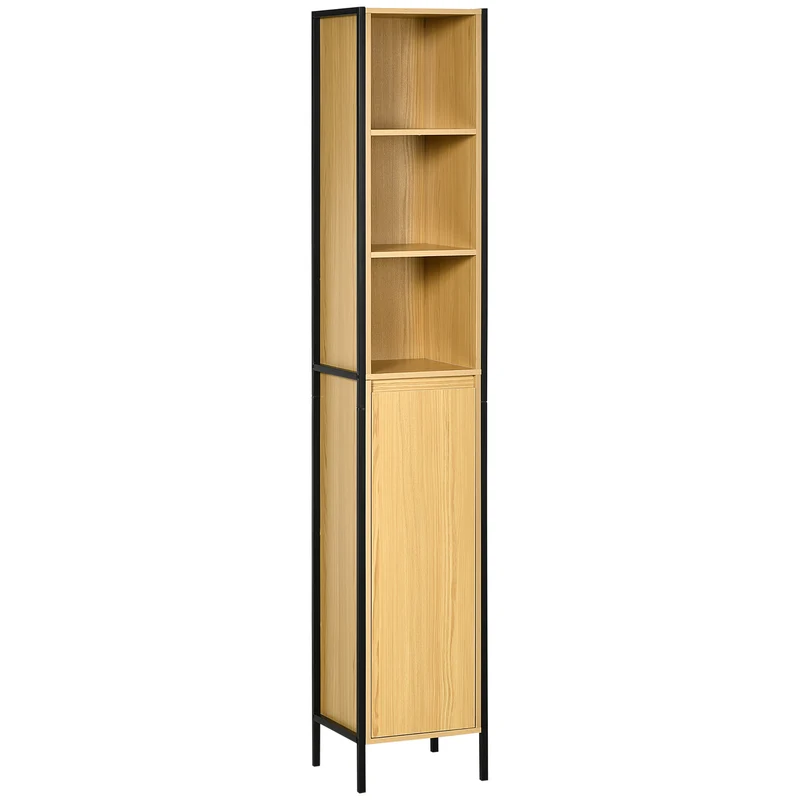 EASYCOMFORT Mobile da Bagno Alto in Truciolato e Acciaio, Colonna Bagno con 3 Ripiani Aperti e un Armadietto, 30x28x168 cm