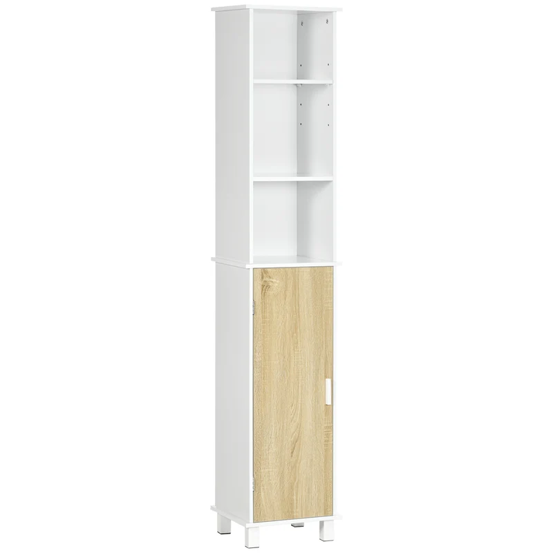 EASYCOMFORT Colonna Bagno Salvaspazio con 3 Vani Aperti e Armadietto in Legno, 33.5x29x169cm, Bianco e Marrone Chiaro