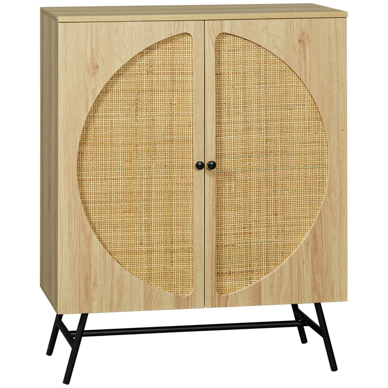 Easycomfort Sideboard im Boho-Stil mit 2 Holz- und Rattantüren, 80 x 39 x 101,8 cm, Natur