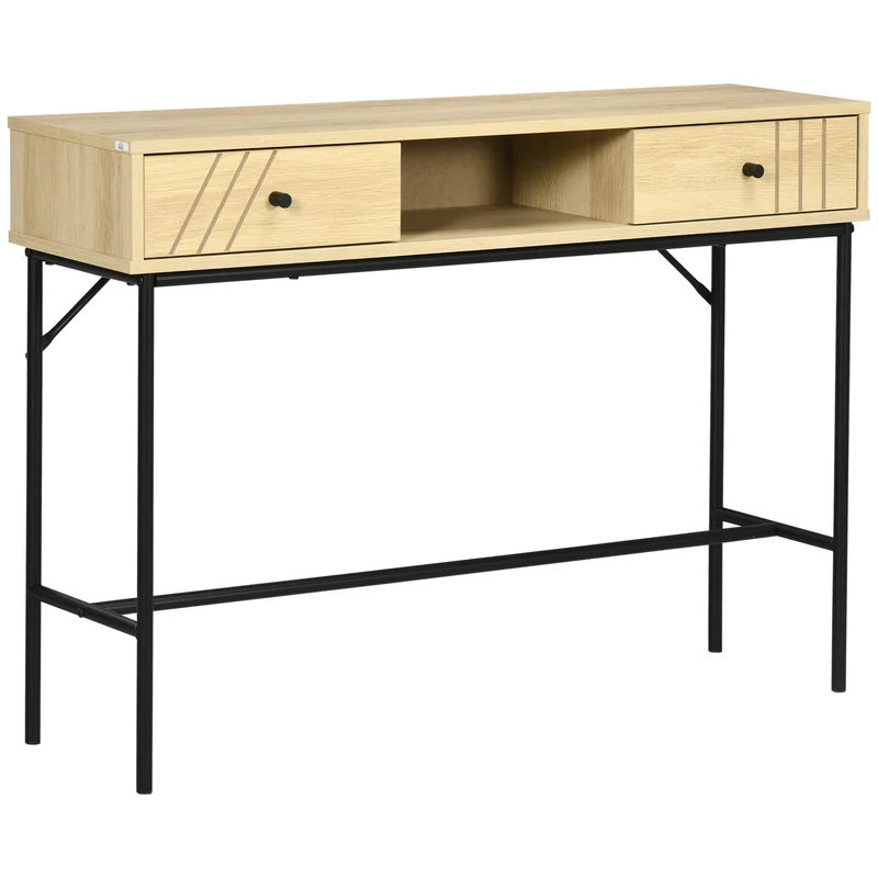 Easycomfort Konsolentisch im industriellen Stil aus Holz und Metall mit 2 Schubladen, 110 x 29,5 x 78 cm, Natur