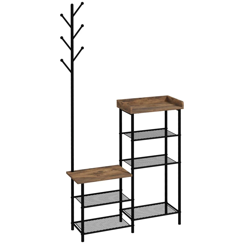 Bodengarderobe Easycomfort mit 6 Haken aus Spanplatte und Stahl mit mobilem Schuhregal, 92,5 x 28,2 x 182 cm