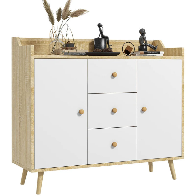 Modernes Easycomfort-Sideboard aus Spanplatte und Kiefernholz mit 3 Schubladen und 2 2-stöckigen Schränken, 90 x 32 x 80 cm (H).